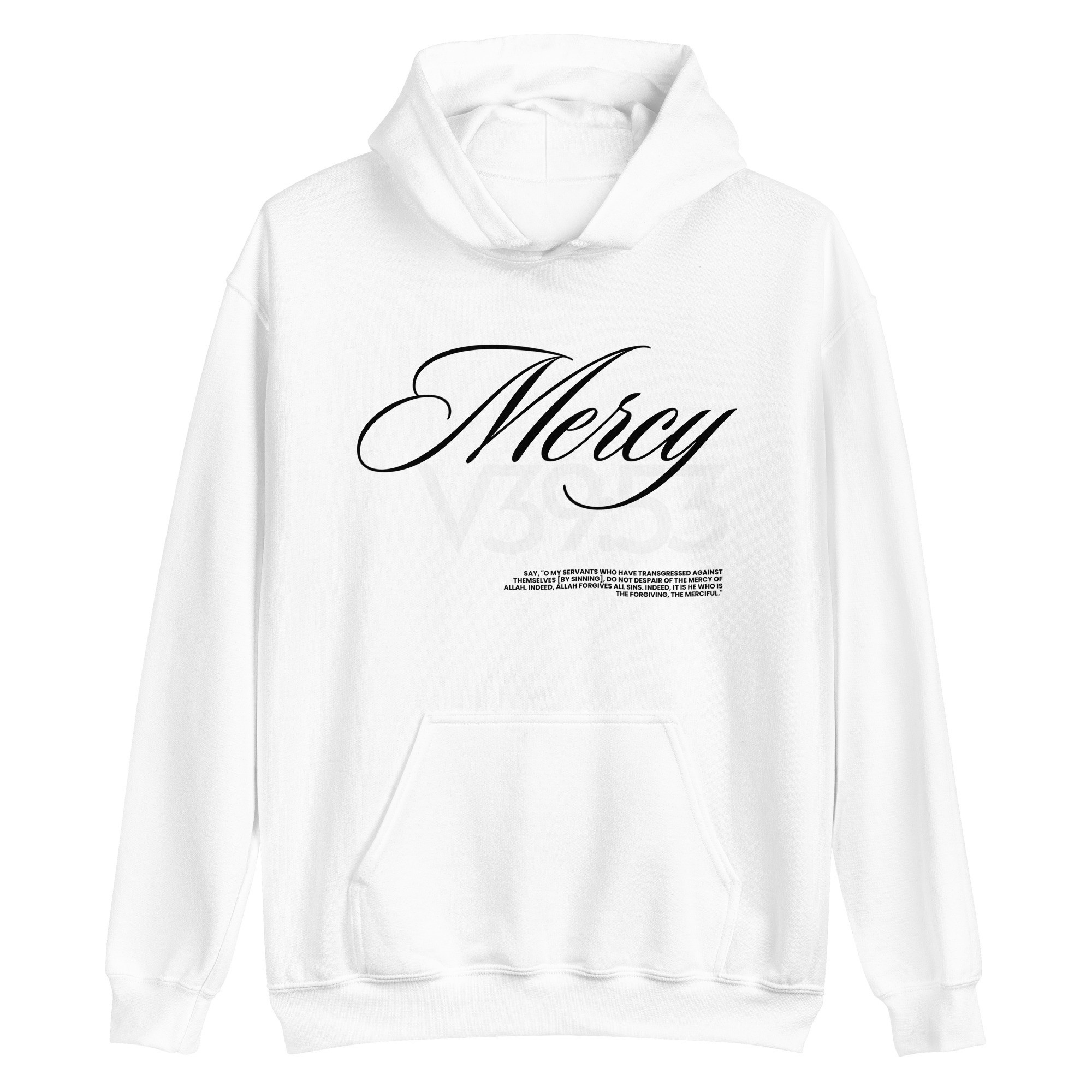 White hoodie with 'Mercy' text on a white background