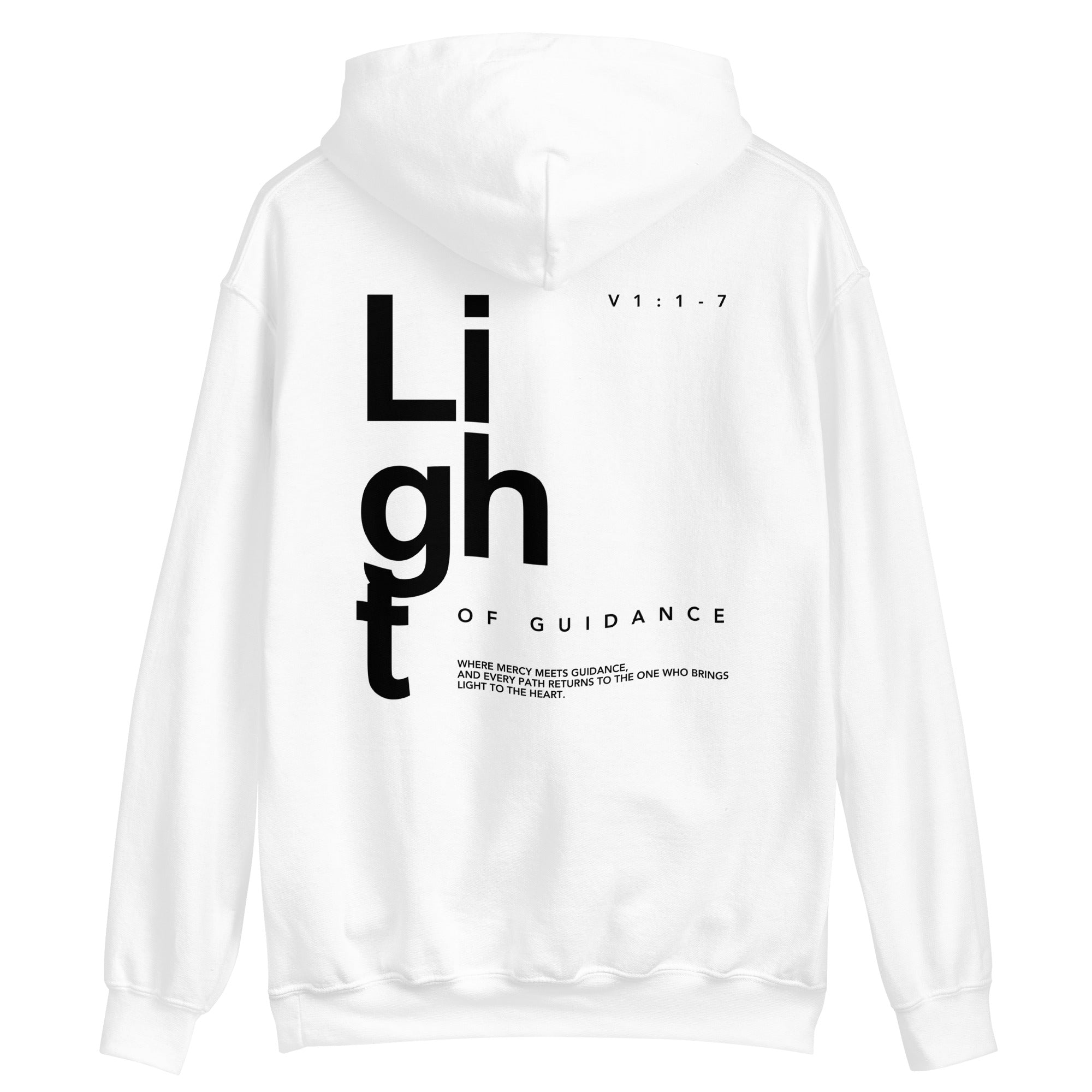 White hoodie with black text design on a white background