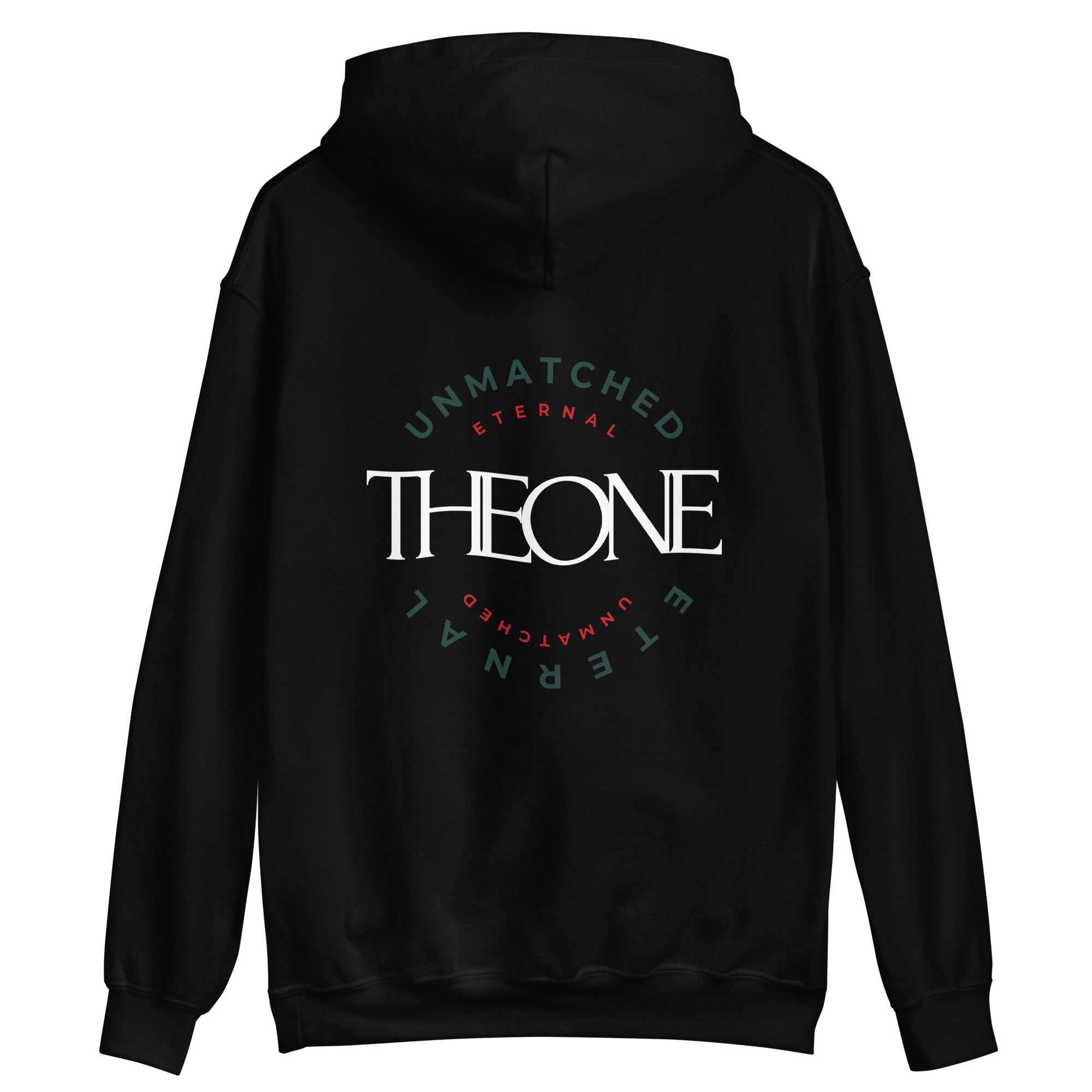 Black hoodie with 'THEONE' text on the back against a white background