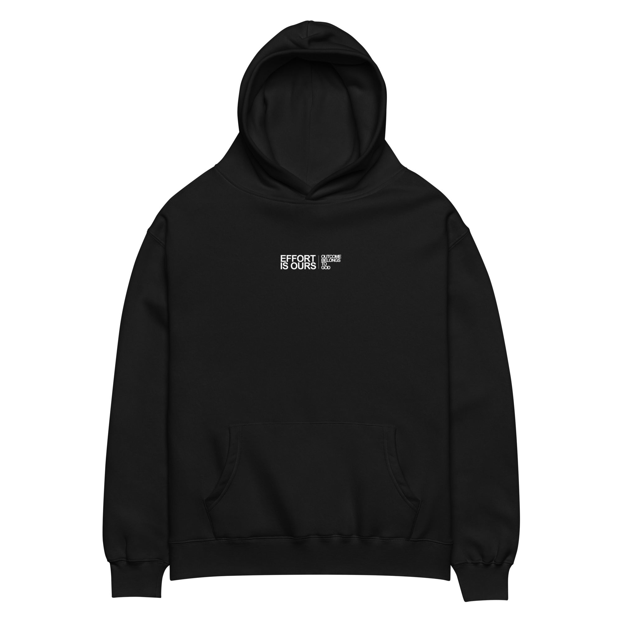 Black hoodie with white text on a white background