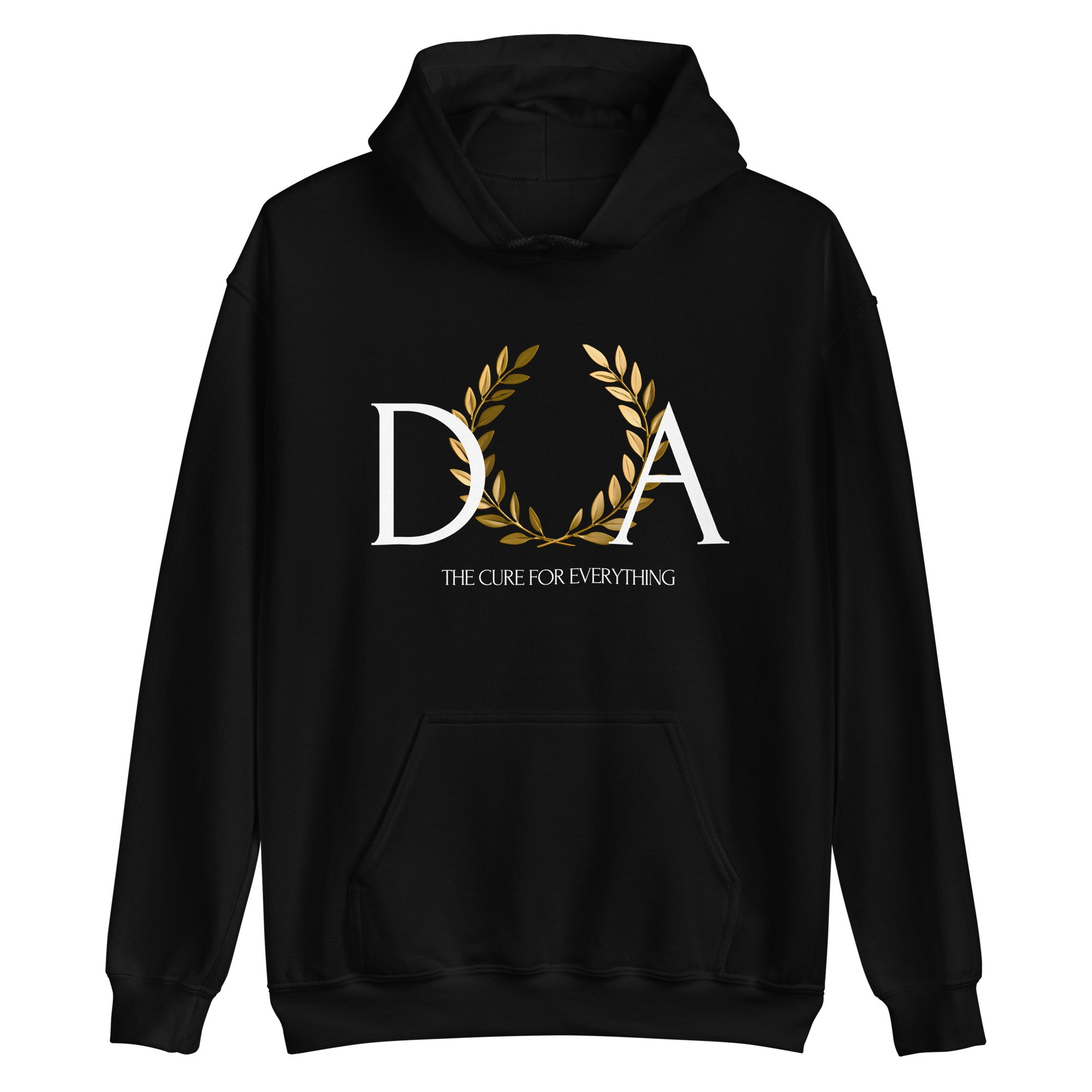 Black hoodie with gold and white logo on a white background