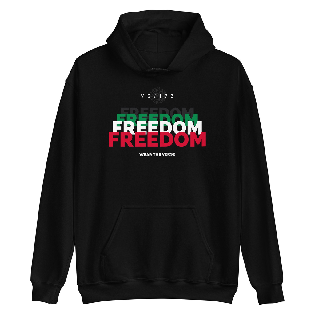 Black hoodie with 'FREEDOM' text in white, green, and red on a white background