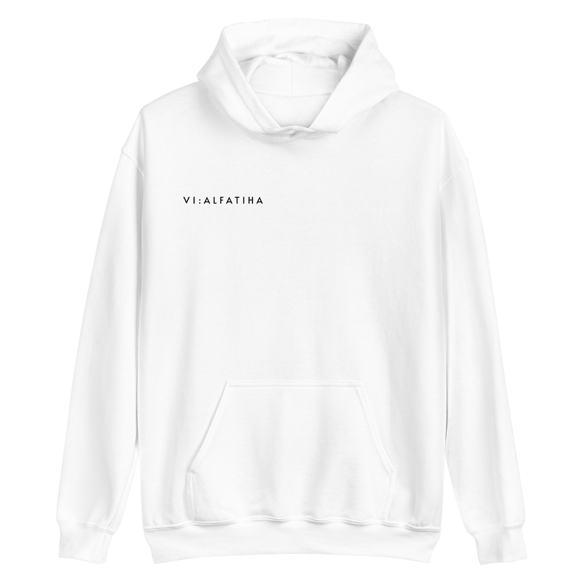White hoodie with 'VI:ALFATIHA' text on a white background