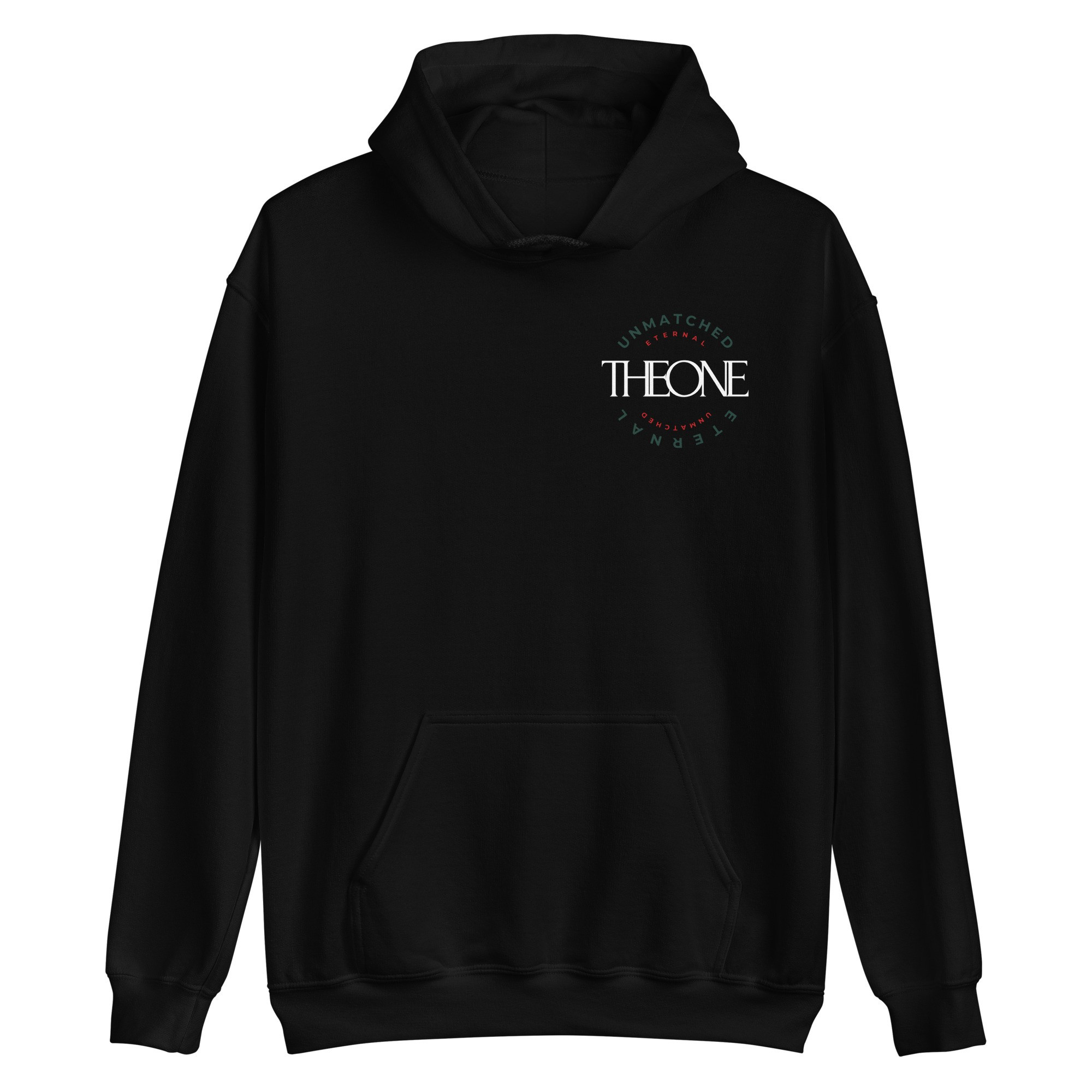 Black hoodie with a small logo on the chest against a white background