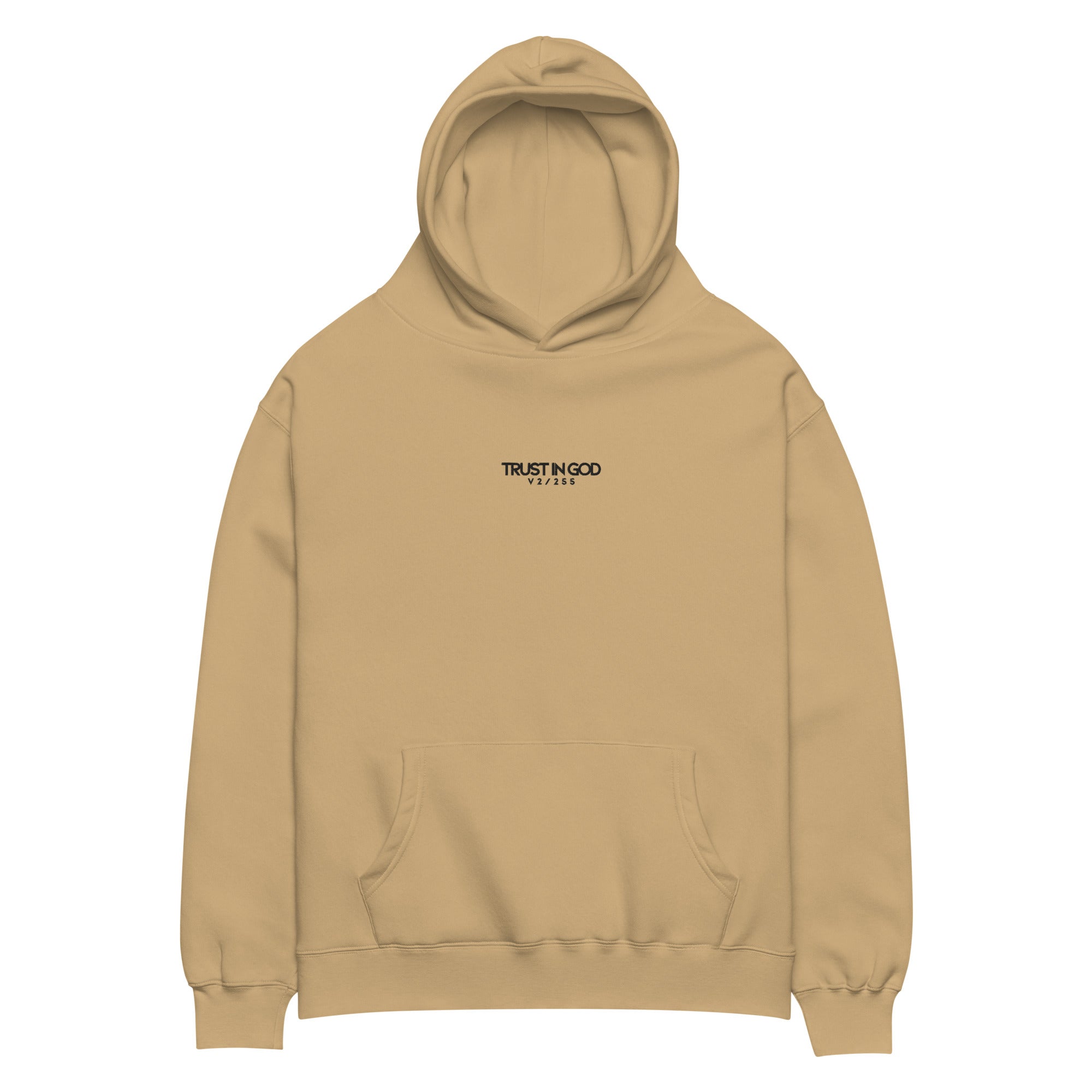 Beige hoodie with 'Trust in God' text on a white background