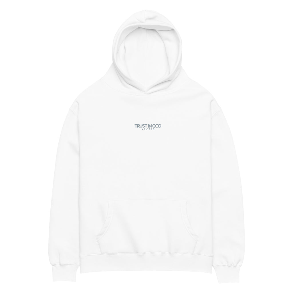 White hoodie with 'Trust In God' logo on a white background