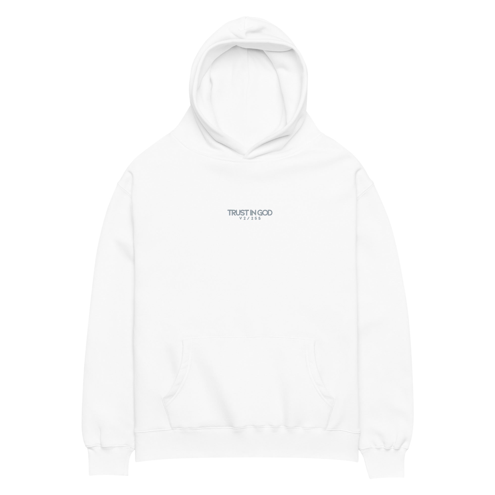 White hoodie with 'Trust In God' logo on a white background