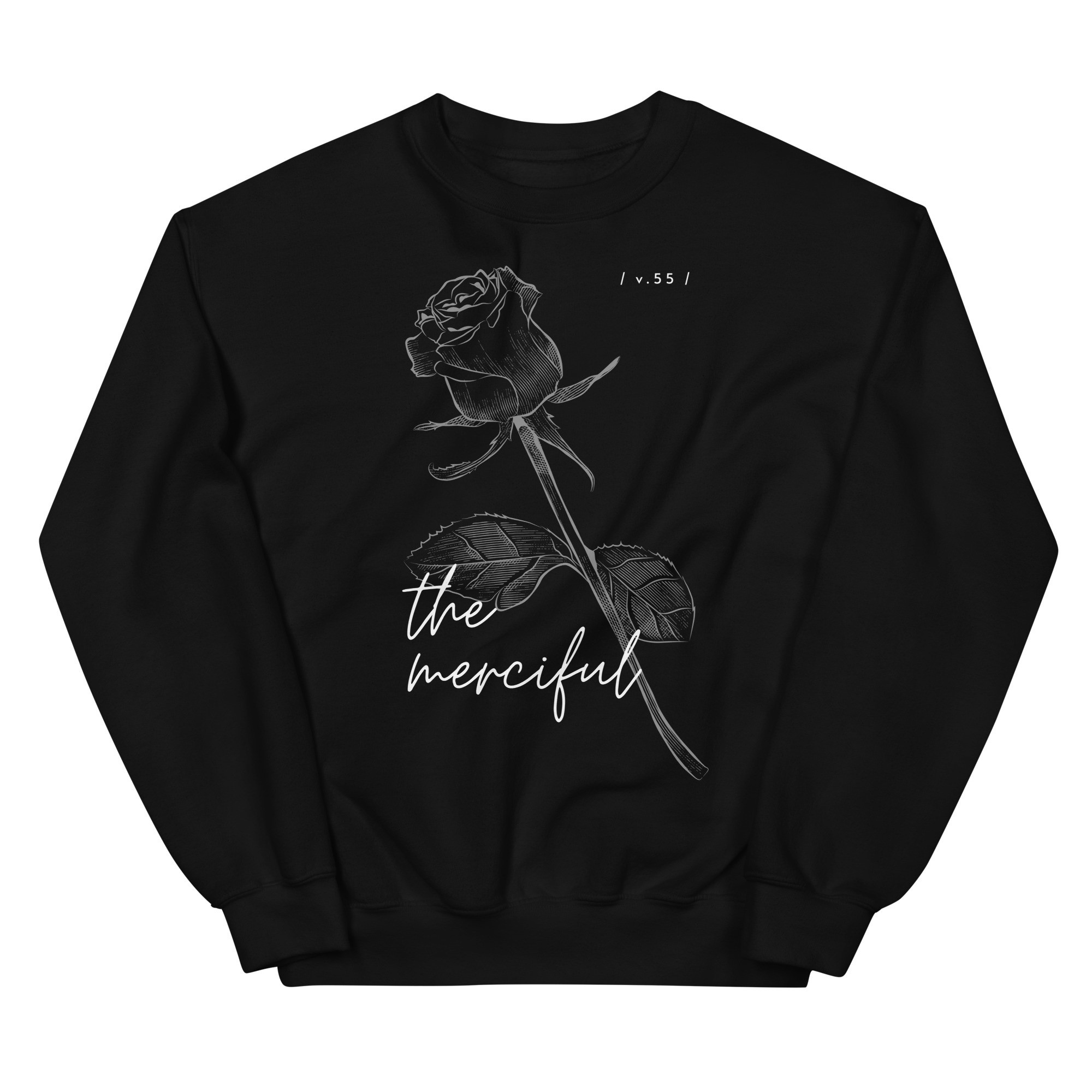 Black sweatshirt with a rose design and 'the merciful' text on a white background
