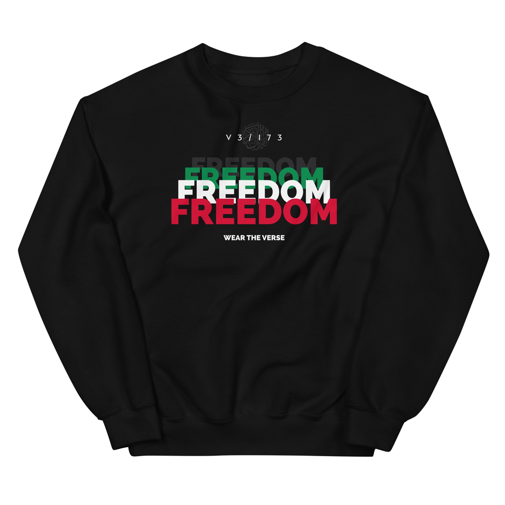 Black sweatshirt with 'FREEDOM' text in multiple colors on a white background
