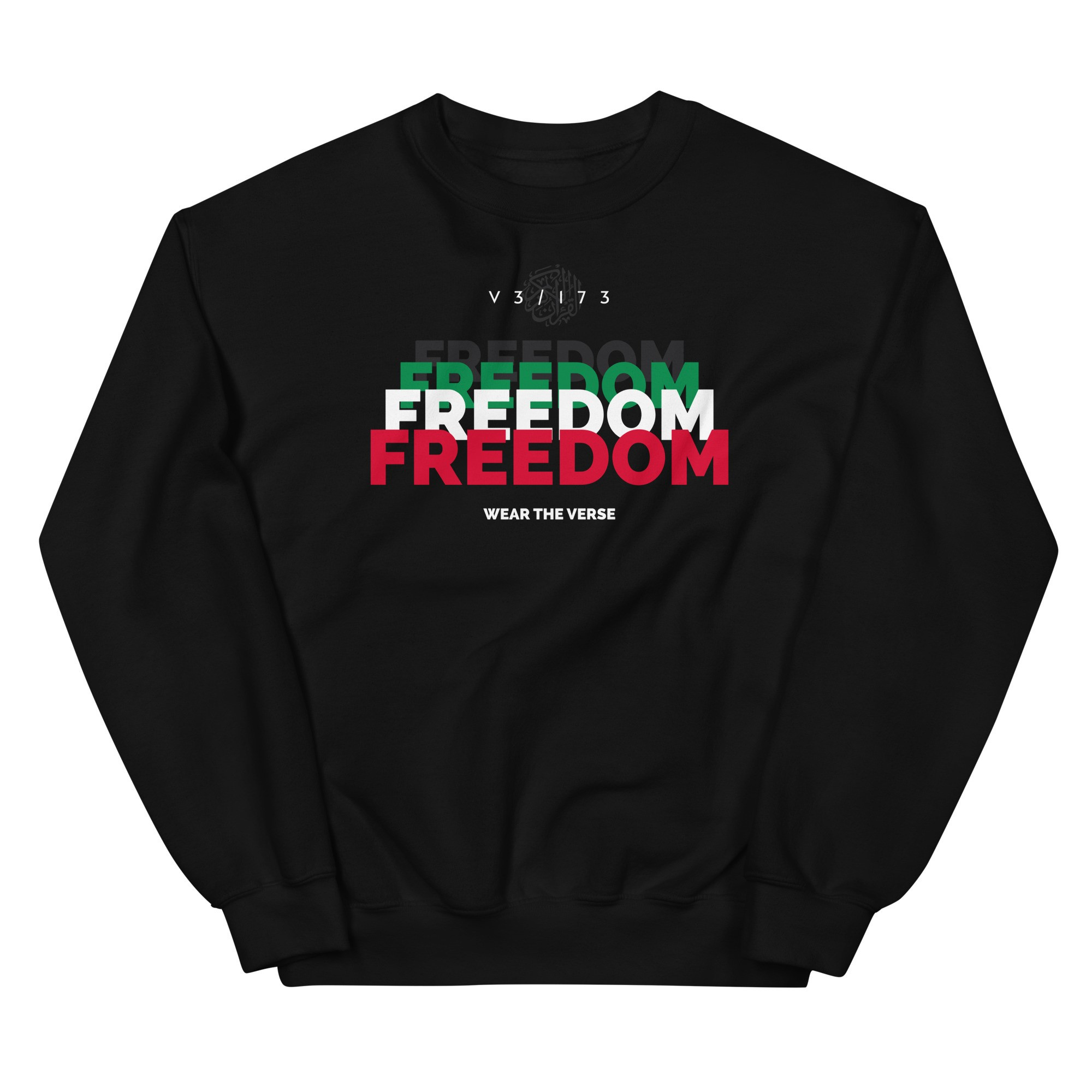 Black sweatshirt with 'FREEDOM' text in multiple colors on a white background