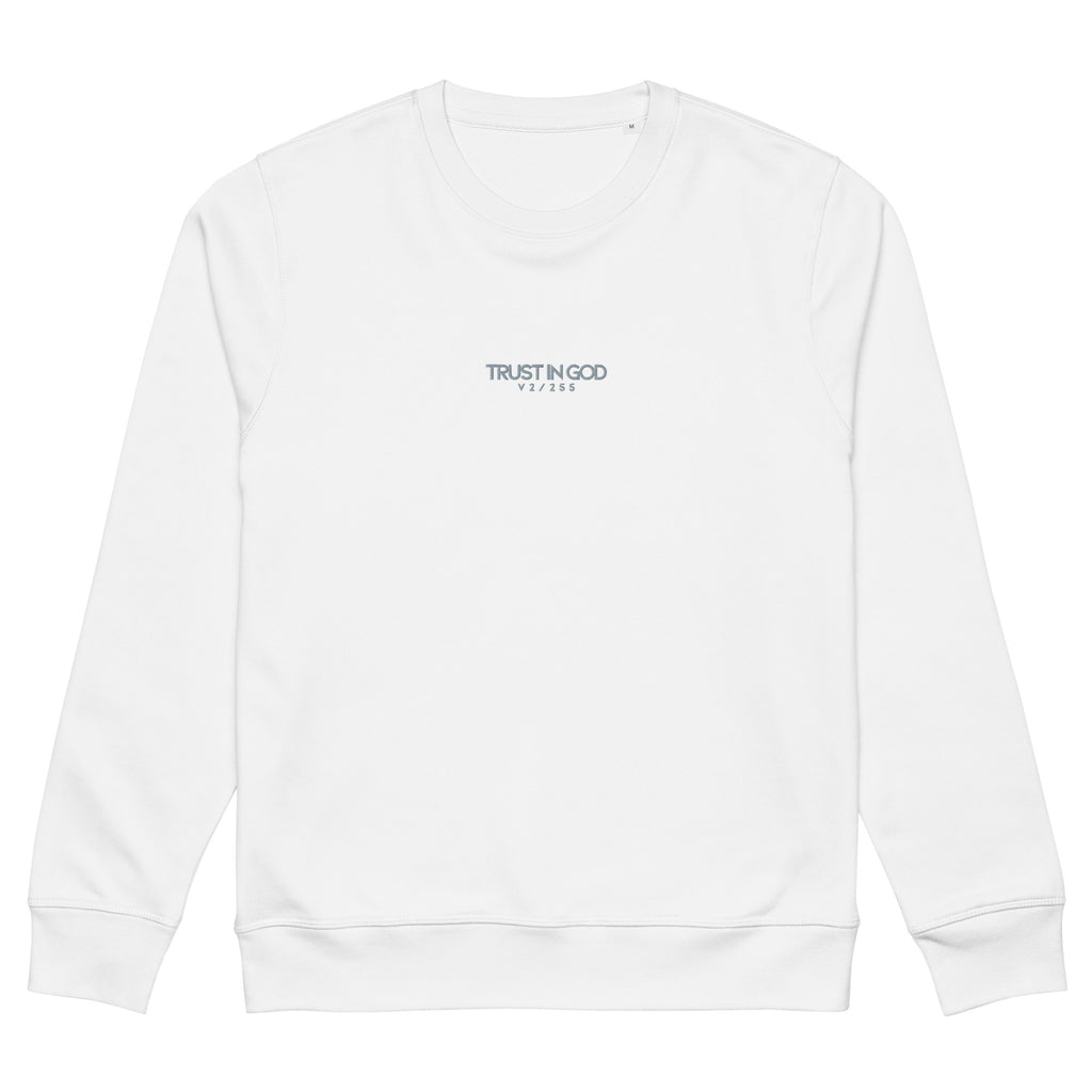 White sweatshirt with 'Trust In God' text on a white background