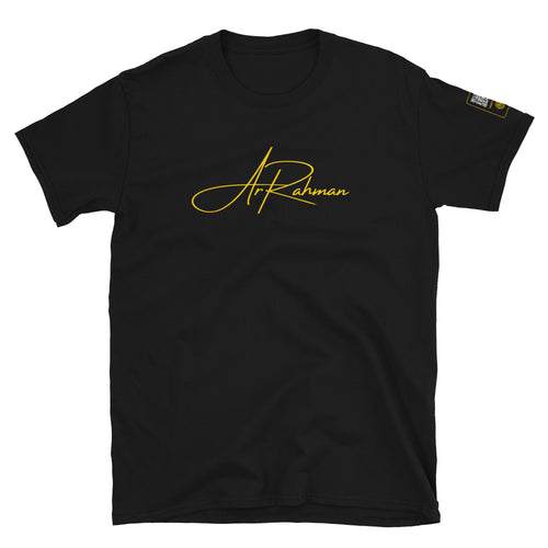 Black t-shirt with a small logo on the sleeve against a white background