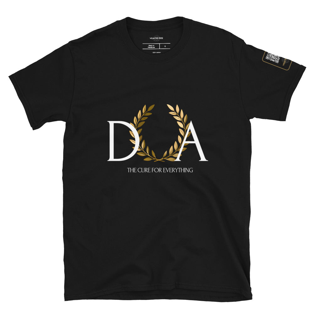 Black t-shirt with gold and white logo on a white background