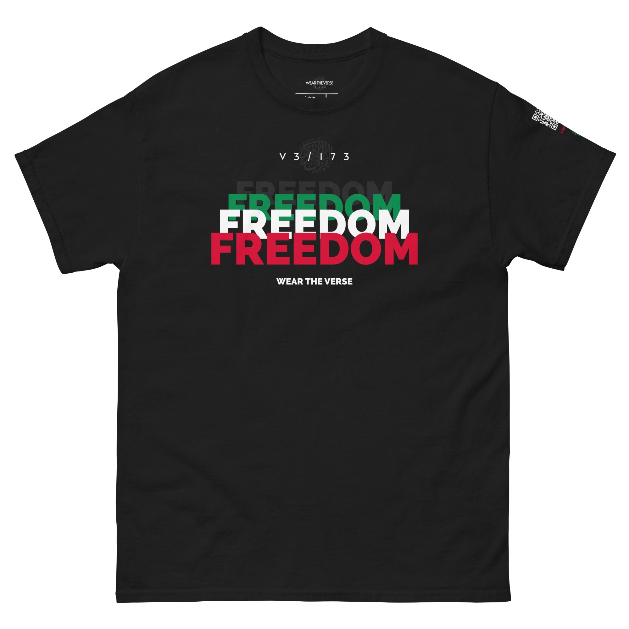 Black t-shirt with 'FREEDOM' text in white, green, and red on a white background