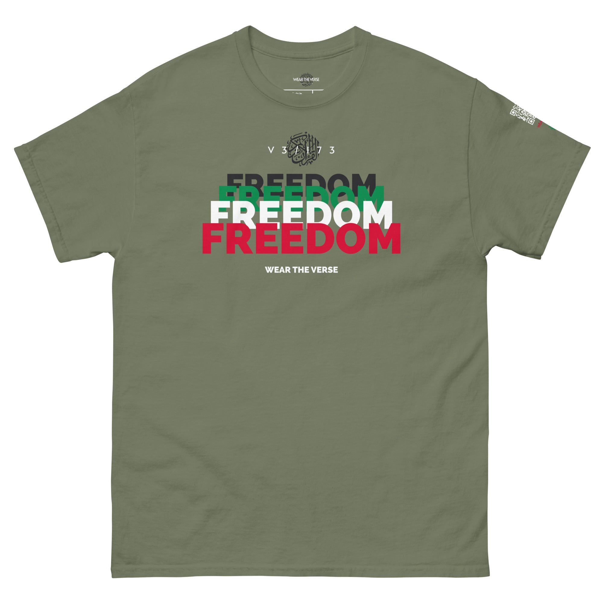 Green t-shirt with 'Freedom' text design on a white background