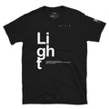 Black t-shirt with white text on a white background