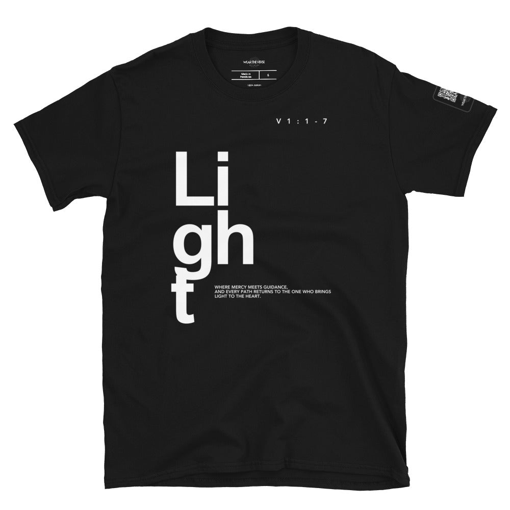 Black t-shirt with white text on a white background