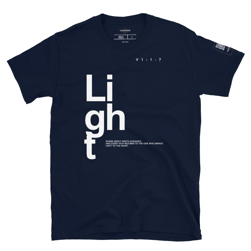 Navy t-shirt with white text on a white background