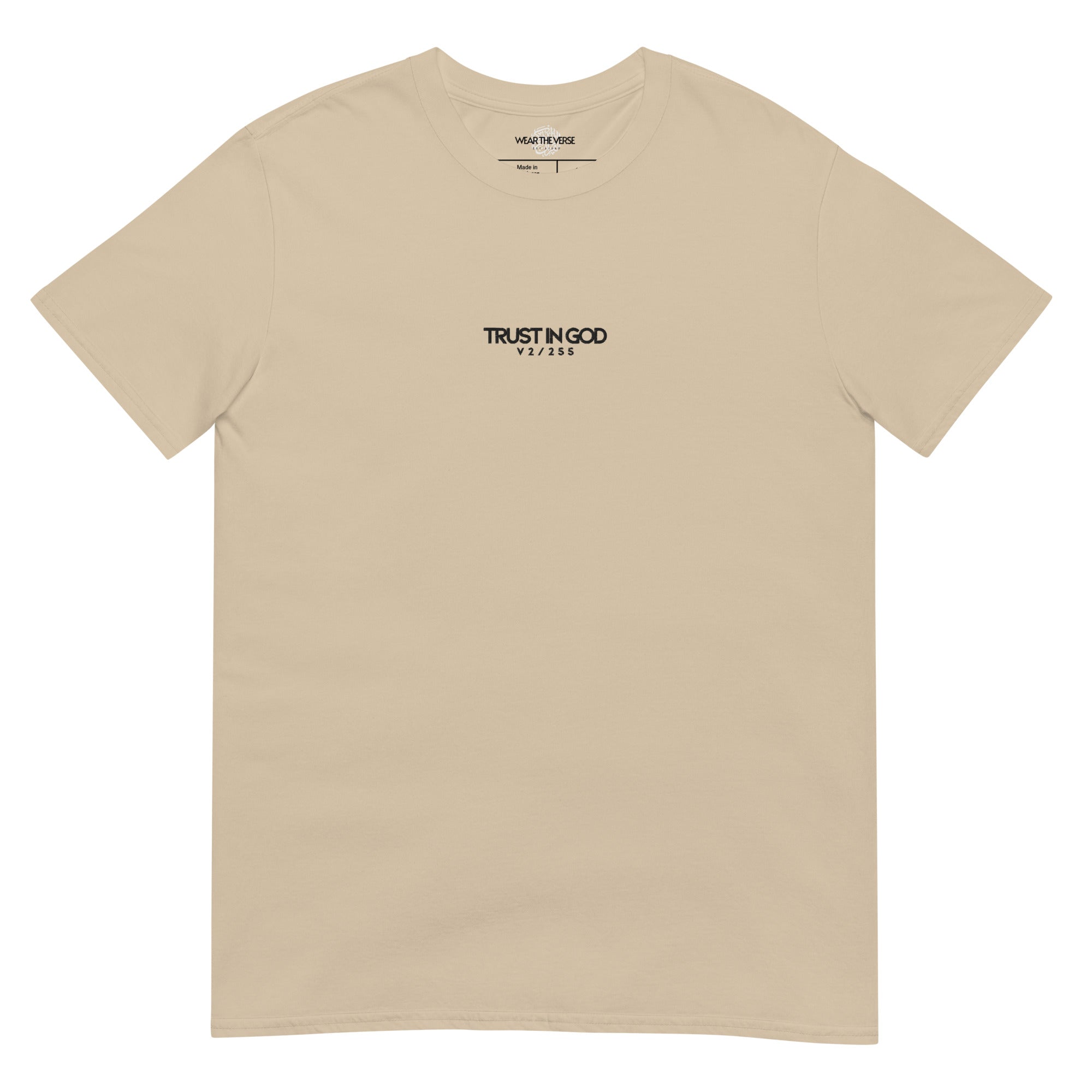 Beige t-shirt with a small graphic on the chest against a white background