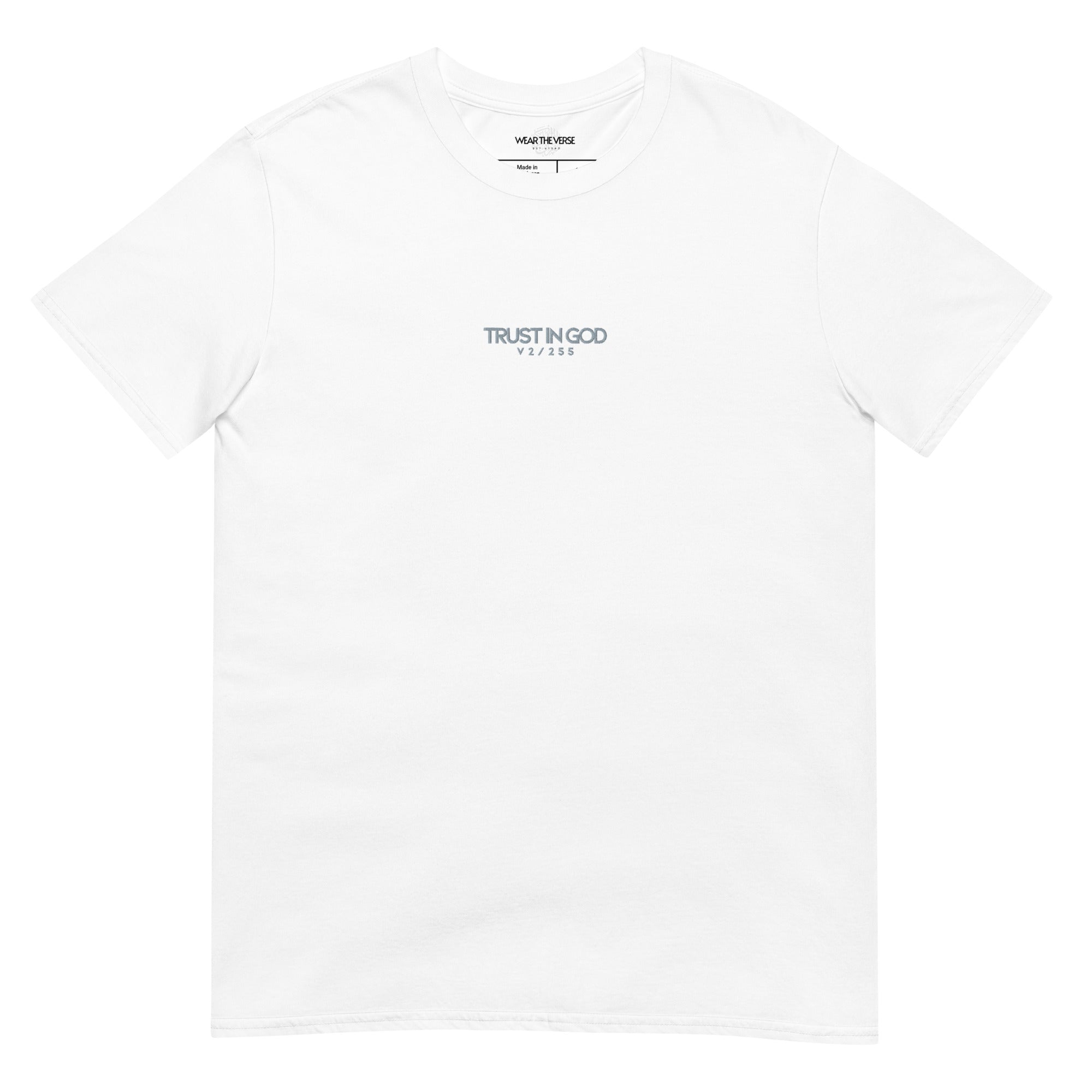 White t-shirt with text on a white background